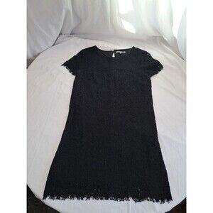 Black Lace Shift Mini Dress Lined Basement Womens Small Fringe Short Sleeve